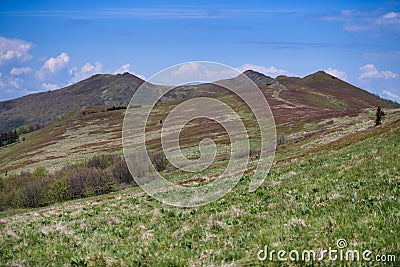 Oustanding 8k panoramic view of Carpathian mountains in spring. Polonina Wetlinska, Bieszczady, Poland. Stock Photo