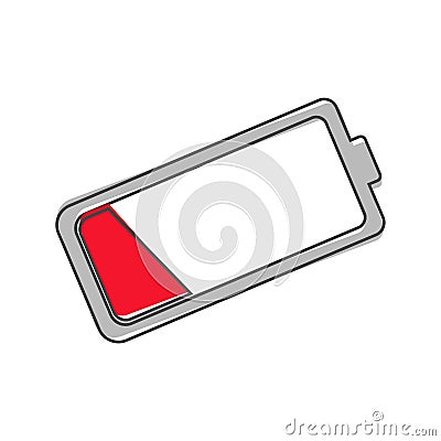 Out of battery charge vector icon. Low red battery cartoon style on white isolated background Vector Illustration