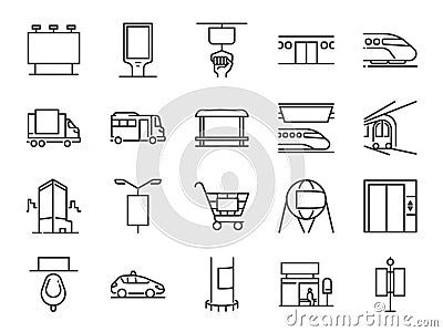 Out of home media line icon set. Included icons as advertise, outdoor advertising, marketing, outdoor media and more. Vector Illustration
