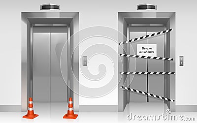 Out of order elevator with closed broken door Vector Illustration