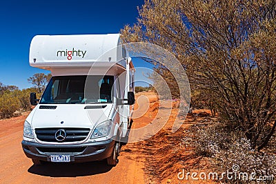 Outback, Australia - November 12, 2022: Motorhome camper van on road trip. People on travel vacation adventure. Tourists in rental Editorial Stock Photo