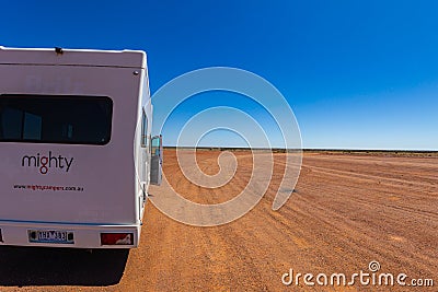 Outback, Australia - November 12, 2022: Motorhome camper van on road trip. People on travel vacation adventure. Tourists in rental Editorial Stock Photo
