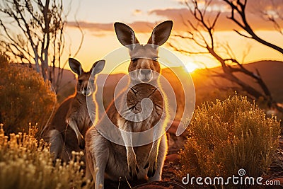 Outback Australian landscape with kangaroos. Stock Photo