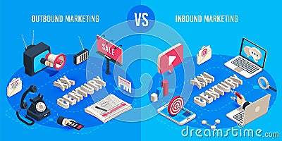 Outbound and inbound marketing. Isometric market advertising generations, online markets sales magnet and ads megaphone Vector Illustration