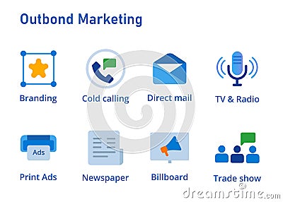 Outbound marketing icon collection branding cold calling TV Radio ads advertising direct mail to trade show billboard Vector Illustration