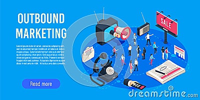 Outbound marketing isometric. Business market sales optimisation, corporate crm and social media ads communication Vector Illustration