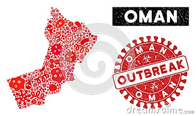 Outbreak Collage Oman Map with Distress OUTBREAK Stamp Vector Illustration