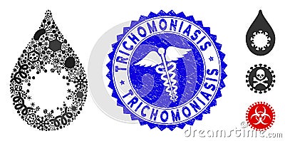 Outbreak Collage Virus Drop Icon with Medical Grunge Trichomoniasis Stamp Vector Illustration