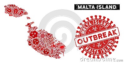 Outbreak Mosaic Malta Island Map with Scratched OUTBREAK Watermark Vector Illustration