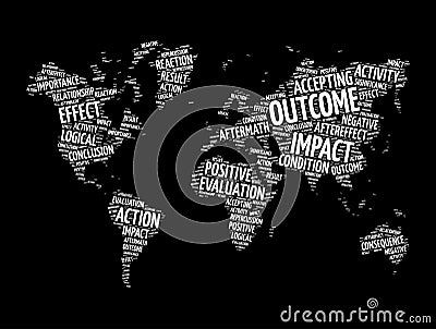 Outcome word cloud in shape of world map, concept background Stock Photo