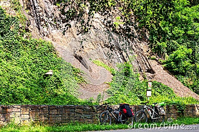 Outcrops of coal seams of hard coal mining with adjoining forest cover in the rock on Landek hill near Ostrava Stock Photo