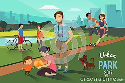 Outdoor activities in urban park. Happy family with kid, runners couple, Vector background Vector Illustration