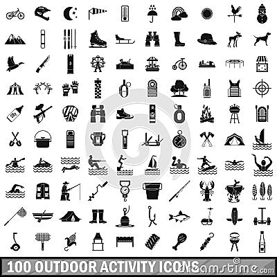 100 outdoor activity icons set, simple style Vector Illustration