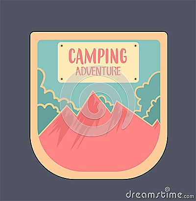Outdoor adventure badge and retro emblem, created in bright colours. Vector Illustration