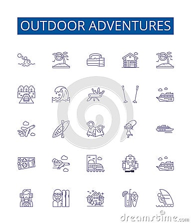 Outdoor adventures line icons signs set. Design collection of Trekking, Hiking, Camping, Kayaking, Canoeing, Rock Vector Illustration