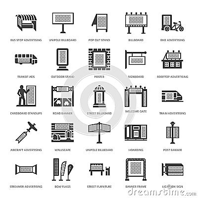 Outdoor advertising, commercial marketing flat glyph icons. Billboard, street signboard, transit ads, posters banner Vector Illustration