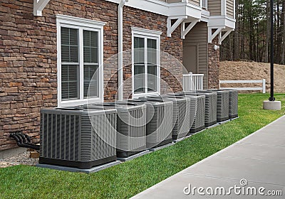 Outdoor air conditioning and heat pump units Stock Photo