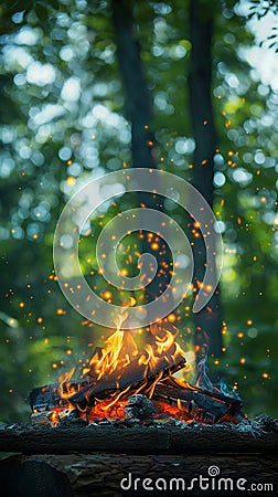 Outdoor ambiance Campfire flickers over vibrant green background Stock Photo