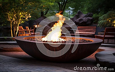 Outdoor Ambiance Fire Pits and Cozy Fireplaces. Generative AI Stock Photo