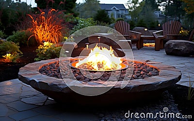 Outdoor Ambiance Fire Pits and Cozy Fireplaces. Generative AI Stock Photo