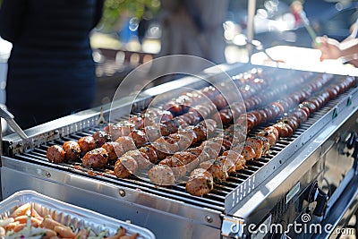 Outdoor barbecue with assorted grilled sausages on a grill Stock Photo