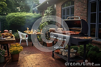 Outdoor barbecue in the garden at night time. Selective focus, Grilling in the Backyard, AI Generated Stock Photo