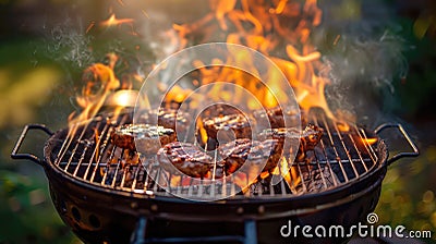 Outdoor Barbecue Grill with Flames in Garden Cooking Area Stock Photo