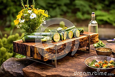 outdoor barbecue setup with cedar plank zucchini Stock Photo