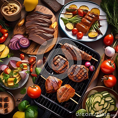 An outdoor barbecue with various meats and colorful grilled vegetables3 Stock Photo