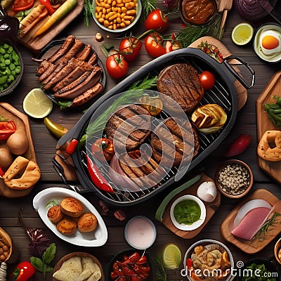 An outdoor barbecue with various meats and grilled vegetables3 Stock Photo