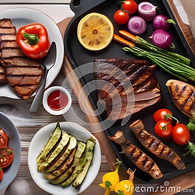 An outdoor barbecue with various meats and grilled vegetables2 Stock Photo