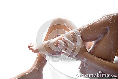 Outdoor bathing with soap foam for relaxing day Stock Photo