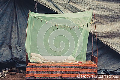 Outdoor Bed room with Mosquito Net Stock Photo