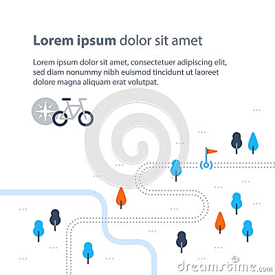 Trail map with flag, outdoor biking, cycling route, countryside landscape, sport activity, vector bicycle icon Vector Illustration