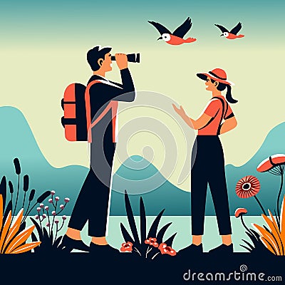 Outdoor Birdwatching Couple Adventure Vector Illustration