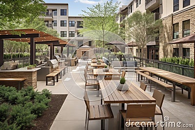 outdoor bistro, with communal tables and open kitchen, offering chef-prepared meals to patrons Stock Photo