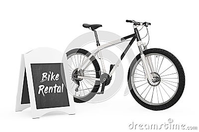 Outdoor Blackboard Bike Rental Display near Black and White Mountain Bike. 3d Rendering Stock Photo