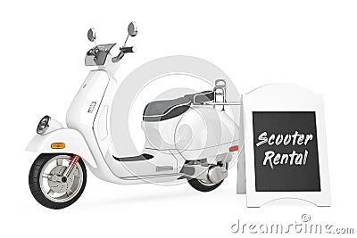 Outdoor Blackboard Bike Rental Display near White Classic Vintage Retro or Electric Scooter. 3d Rendering Stock Photo