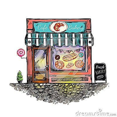 Outdoor Cafe Bakery Sketch Vector Illustration