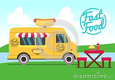 Outdoor cafe with food truck and tables. Street food small business vector concept Vector Illustration