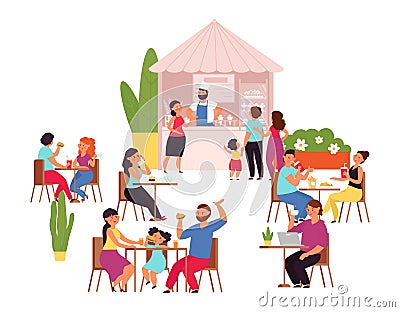 Outdoor cafe. Summer park table, girl drinks coffee. Food and conversation, flat couple lunch in restaurant. Cartoon Vector Illustration