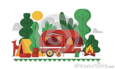 Outdoor camp background. Doodle picnic summer scene with caravan tent. Tourist automobile van. Forest or bonfire. Camping vacation Vector Illustration