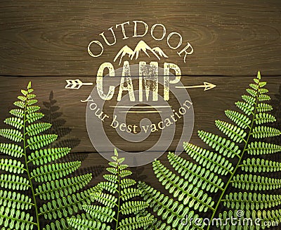 'Outdoor camp, your best vacation' sign with green fern leafs on wooden background. Vector Illustration