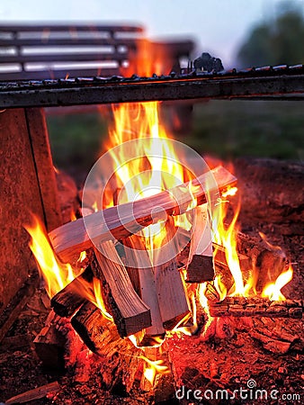 Flames of the outdoor campfire glow in summer evening with new wood Stock Photo