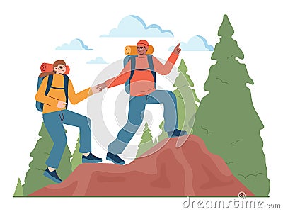 Outdoor camping and hiking. Characters with backpacks spending Vector Illustration