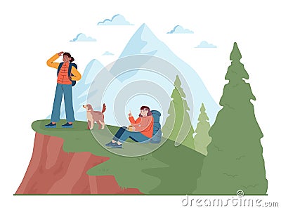 Outdoor camping and hiking. Characters with backpacks spending Vector Illustration