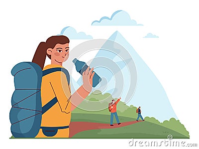 Outdoor camping and hiking. Characters with backpacks spending Vector Illustration