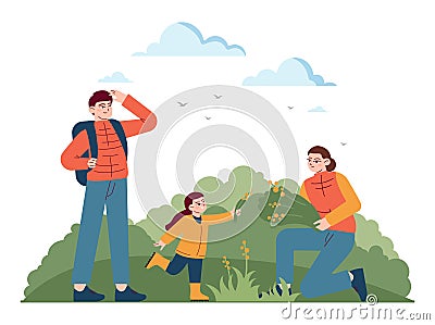 Outdoor camping and hiking. Characters spending time in nature Vector Illustration