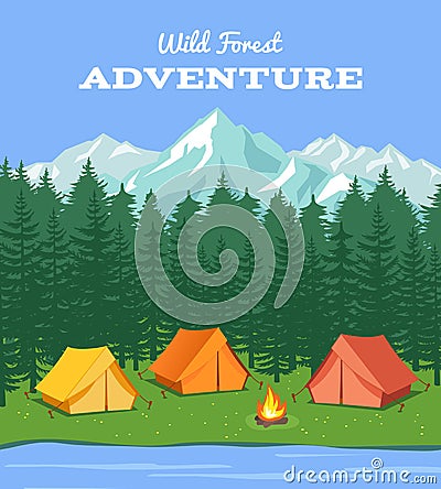 Outdoor camping. Nature background with river and forest, mountains camp tent vector illustration Vector Illustration