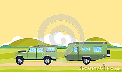 Outdoor car camper travel concept. Offroad suv landscape. Vector Illustration